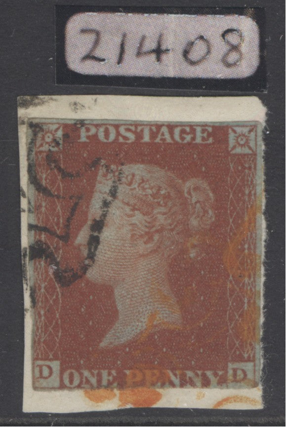 SG 8a 1d red-brown on blue paper lettered DD on small piece cancelled with red & black Maltese crosses. 3+ margins.  David Brandon cert