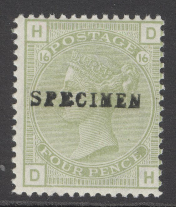 SG 153 4d sage-green plate 16, overprinted specimen lettered DH. Pristine unmounted mint CAT £350