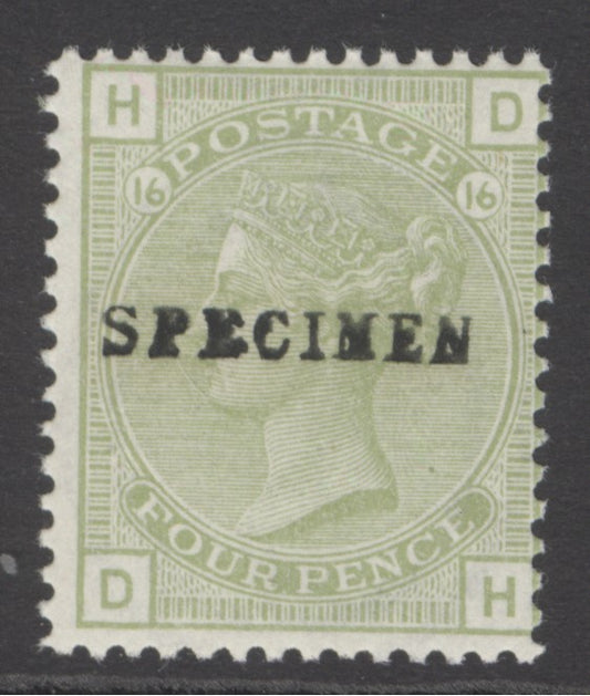 SG 153 4d sage-green plate 16, overprinted specimen lettered DH. Pristine unmounted mint CAT £350
