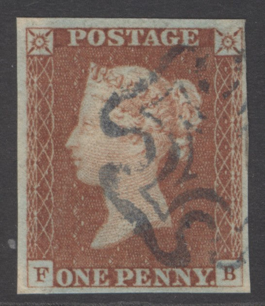SG 8L 1d red-brown plate 26 lettered FB. Very fine used with a deep blue Maltese cross. 4 margins CAT £500
