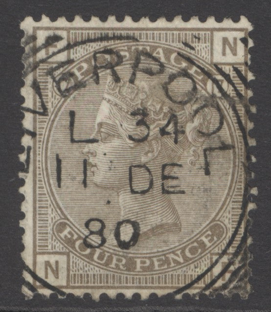 SG 154 4d grey-brown, watermark garter. Very fine used with an upright Liverpool ‘box’ CDS 11th Dec 1880 CAT £400
