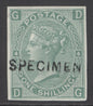 SG 117 1/- green plate 4 imperf, overprinted specimen. Fine mounted mint. 4 margins (spec J104s) CAT £500