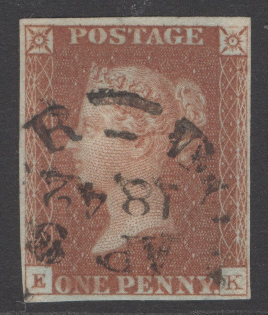 SG 8 1d red-brown lettered EK. A very fine used CDS example, April 1842. 4 margins CAT £700