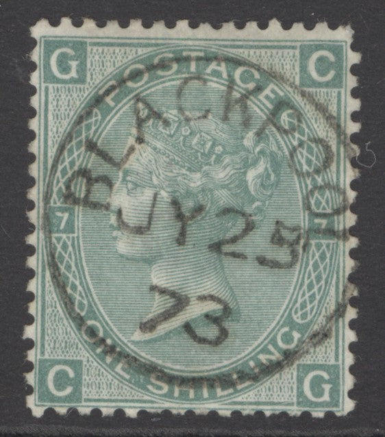 SG 117 1/- green plate 7. Very fine used with an upright Blackpool CDS, July 25th 1873