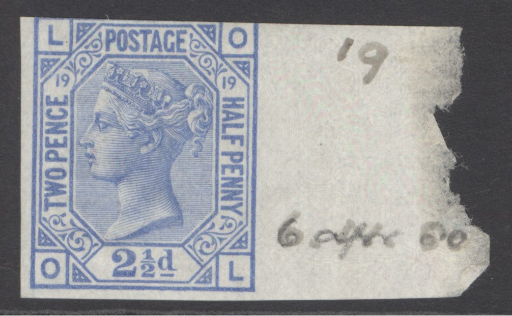 (SG 142) 2½d blue plate 19 imprimatur lettered OL sheet marginal example.  Very lightly mounted mint, margins good to just into at top CAT £2500