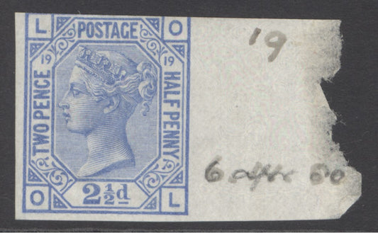 (SG 142) 2½d blue plate 19 imprimatur lettered OL sheet marginal example.  Very lightly mounted mint, margins good to just into at top CAT £2500