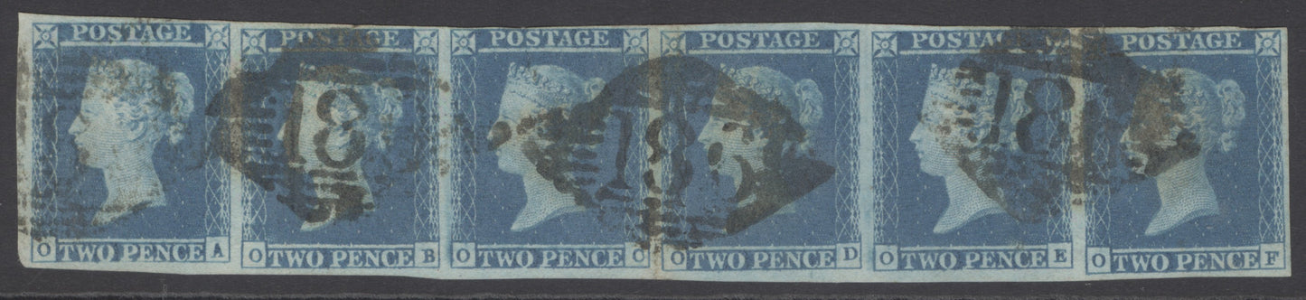 SG 14 1841 2d blue plate 4 strip of 6. Fine used with Irish ‘186’ diamond cancels (Dublin)...