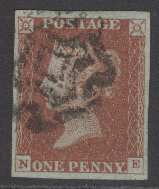 SG 8 1d red-brown lettered NE. Very fine used with a distinctive Norwich Maltese cross. 4 fine margins CAT £450
