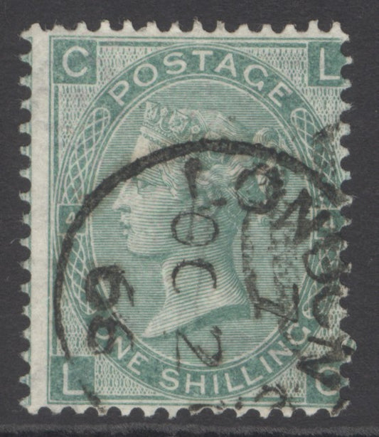 SG 101 1/- green, watermark emblems. Very fine used with a London CDS, Oct 2nd 1866 & part numeral