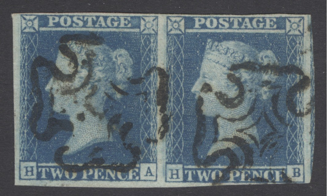 SG 14 1841 2d blue plate 3 pair lettered RA-RB. Very fine used with upright Maltese crosses. Full margins close to huge CAT £550