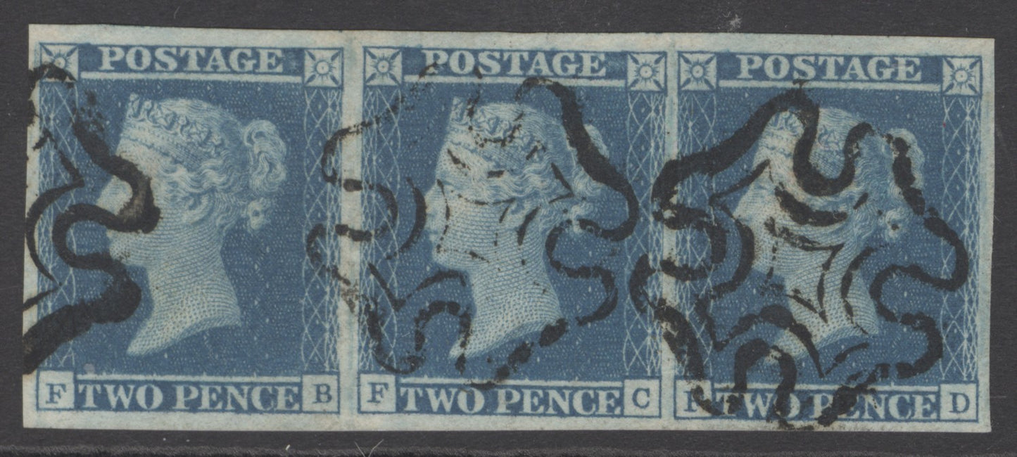 SG 14 1841 2d blue strip of 3 plate 3 lettered FB-FD. Very fine used with Maltese crosses. Full-huge margins CAT £825