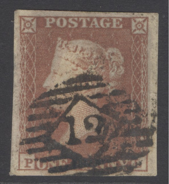SG 8 spec BS91e 1d red-brown on thick lavender tinted paper. Very fine used with a London ‘122’ numeral. 4 large margins CAT £275