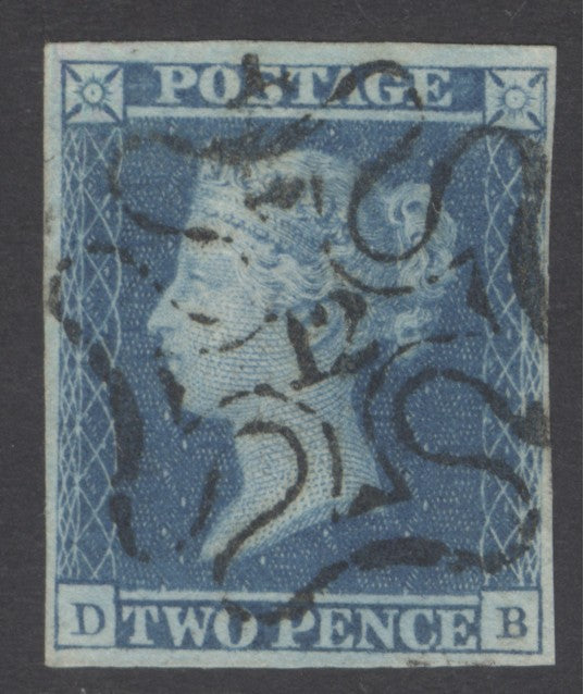 SG 14 1841 2d blue plate 3 lettered DB. Superb used with a number ‘12’ in Maltese cross. 4 fine margins CAT £550
