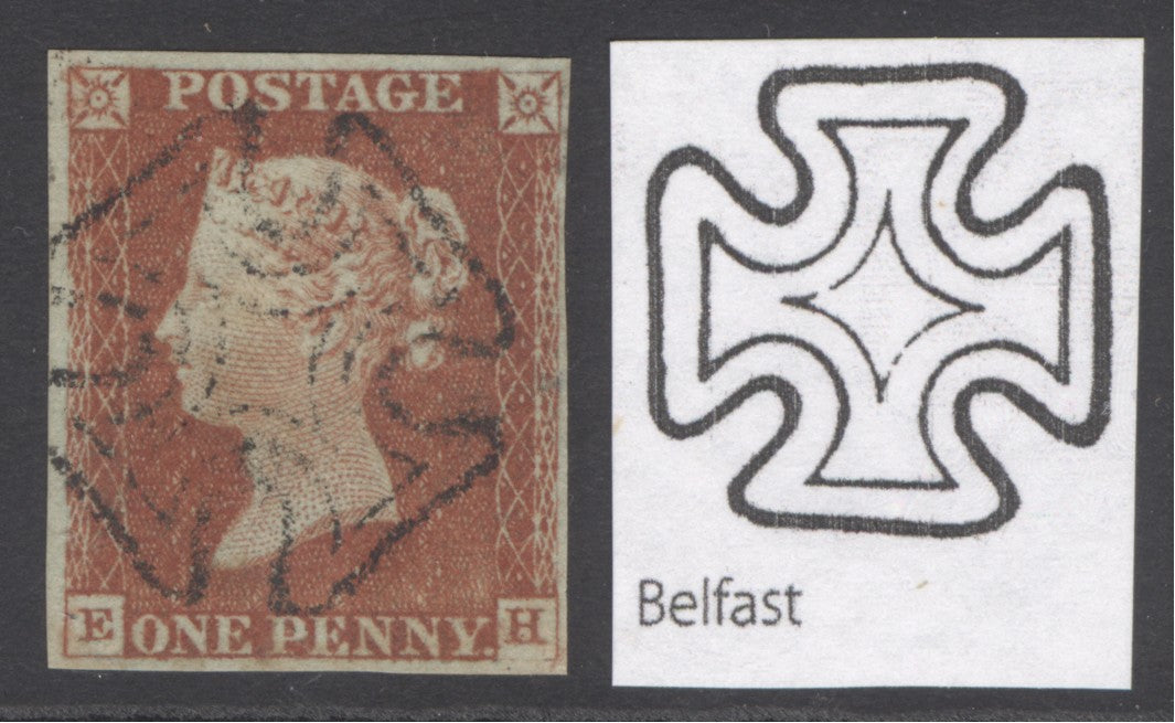 SG 8 1d red-brown lettered EH. Superb used with a distinctive Belfast Maltese cross. 4 margins CAT £250
