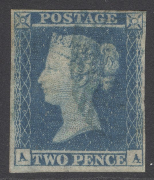SG 13 1841 2d pale blue plate 4 lettered AA. Very fine used with a part numeral in blue leaving Queens profile clear. 4 margins CAT £750