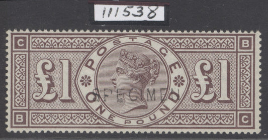 SG 186s £1 brown-lilac, watermark three orbs, overprinted specimen. A very fine, very lightly mounted mint example...