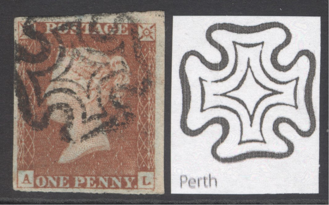 SG 8 1d red-brown lettered AL. Very fine used with a distinctive Perth Maltese cross. 4 good to huge margins (spec B1taa) CAT £200