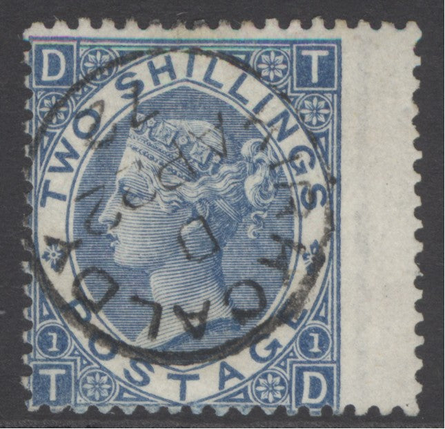 SG 119 1/- deep blue, watermark spray lettered TD. Superb used with a Kirkcaldy CDS, April 22nd 1872