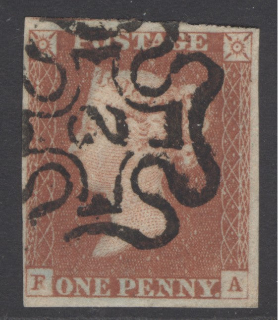 SG 8m 1d red-brown lettered FA. Very fine used with a number ‘2’ in Maltese cross. 4 margins CAT £180