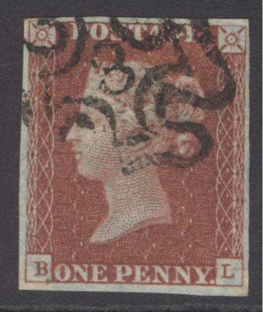 SG 8m 1d red-brown lettered BL. Very fine used with a number ‘3’ in Maltese cross. 4 margins CAT £225