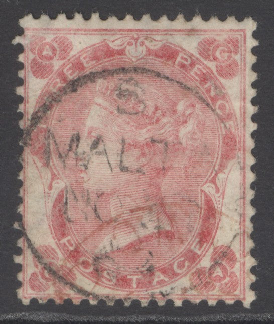 SG 76 3d bright carmine-rose. Very fine used with a Malta CDS & part CDS in red. Good colour & well centred