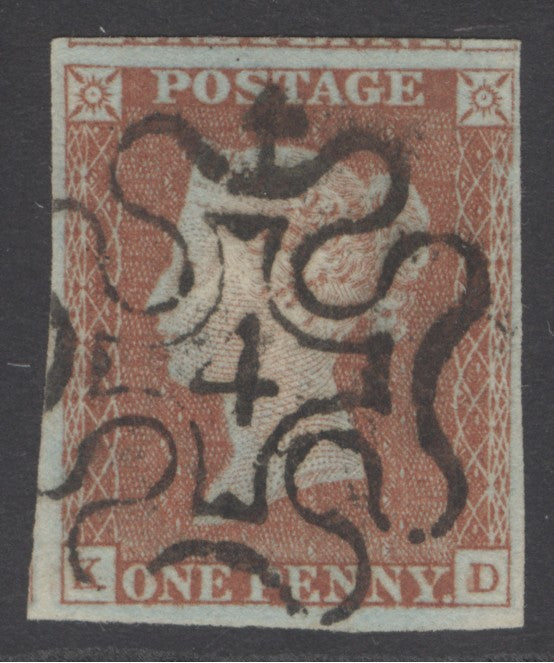SG 8m 1d red-brown lettered KD. A superb used example cancelled with an upright number ‘4’ in Maltese cross.  4 close to huge margins CAT £500