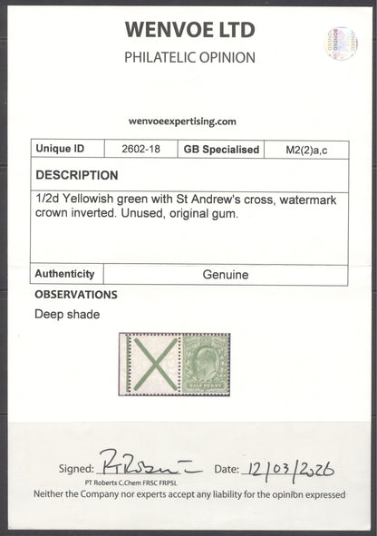 SG spec M2(2)ac ½d yellowish-green with St Andrews cross watermark crown inverted. Fine unmounted mint. Wenvoe cert