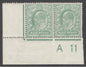 SG 270 ½d pale bluish-green corner marginal pair with 'A11' control.  Lightly hinged in margin, stamp being fine unmounted mint