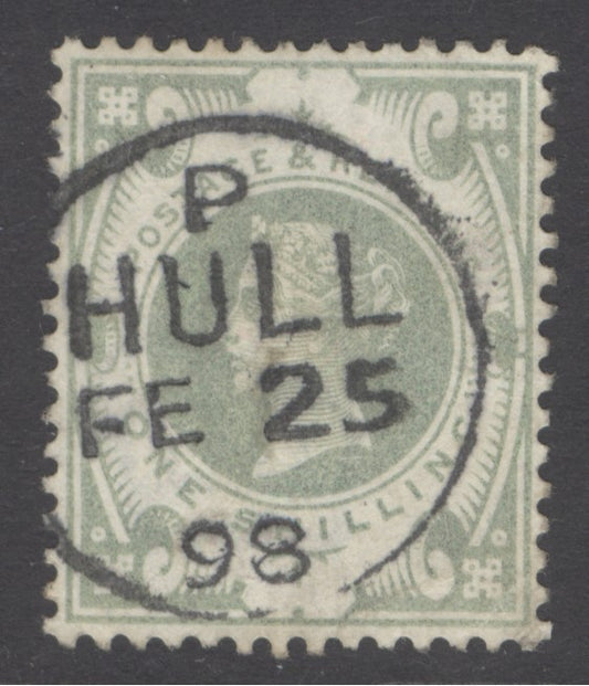 SG 211 1/- dull green. Very fine used with a Hull, Feb 25th 1898 CDS