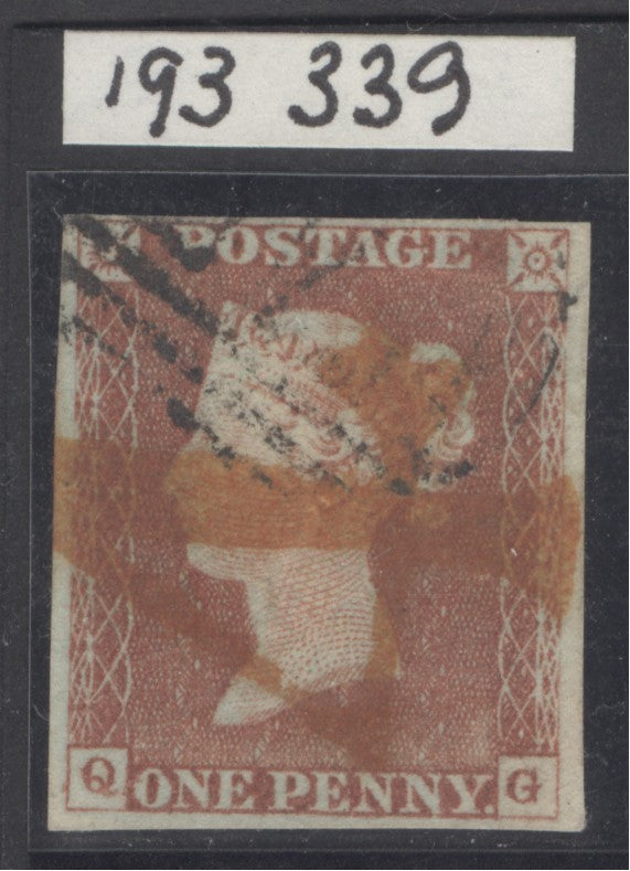 SG 8 1d red-brown plate 35 lettered QG. Very fine used with a numeral obliteration & hand struck '4' in red...