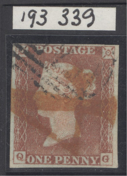 SG 8 1d red-brown plate 35 lettered QG. Very fine used with a numeral obliteration & hand struck '4' in red...