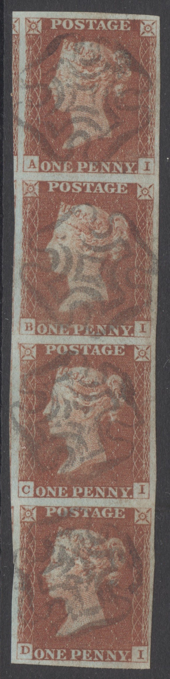 SG 8 1d red-brown plate 39 vertical strip of 4 lettered AI-DI. Very fine used with Maltese cross cancels.  Full good to huge margins