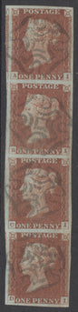 SG 8 1d red-brown plate 39 vertical strip of 4 lettered AI-DI. Very fine used with Maltese cross cancels.  Full good to huge margins