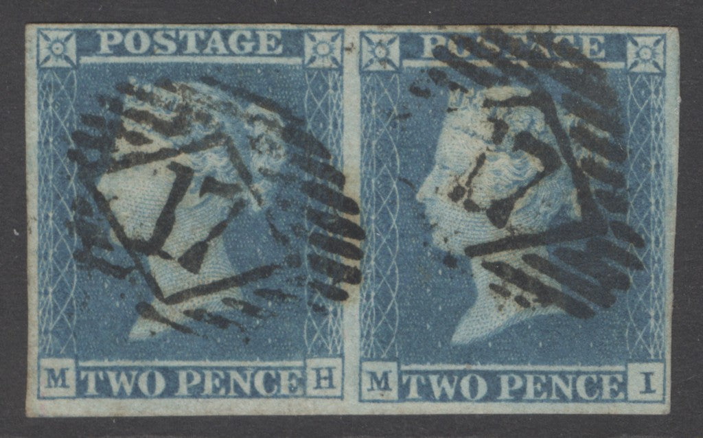SG 13 1841 2d pale blue plate 3 pair lettered MH-MI. Very fine used with London ‘17’ numerals. 4 margins