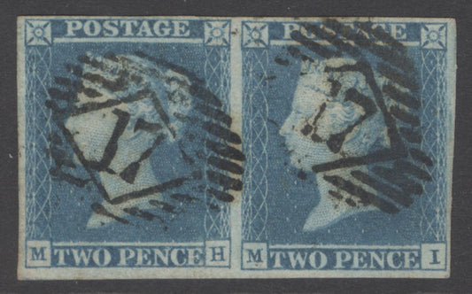 SG 13 1841 2d pale blue plate 3 pair lettered MH-MI. Very fine used with London ‘17’ numerals. 4 margins