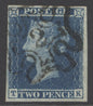 SG 14f 1841 2d blue plate 3 lettered TK cancelled with a number ‘2’ in Maltese cross. Fine strike. 4 good to large margins CAT £650