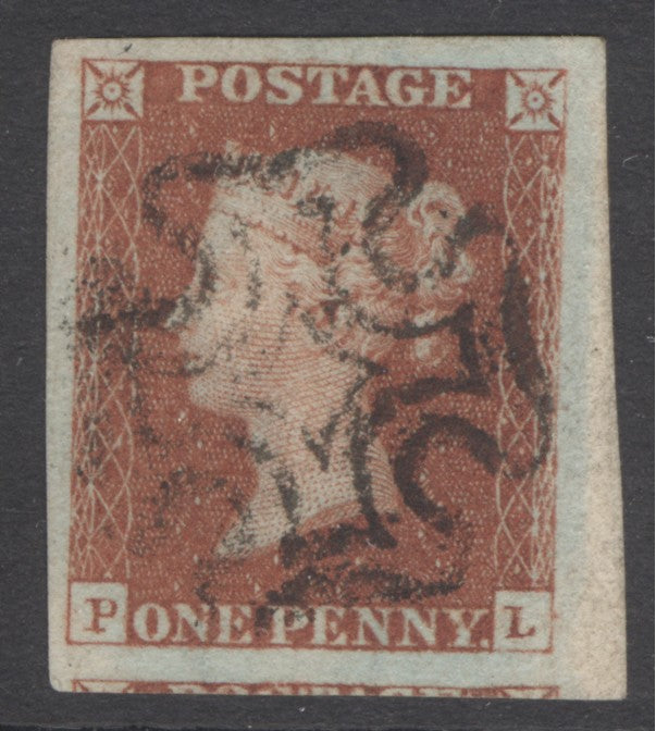 SG 8 1d red-brown plate 44 lettered PL. Very fine used with a full Maltese cross. 4 huge margins