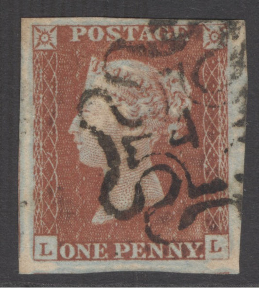 SG 8m 1d red-brown lettered LL. Very fine used with a number ‘4’ in Maltese cross.  4 large margins with Ivory head on reverse CAT £500