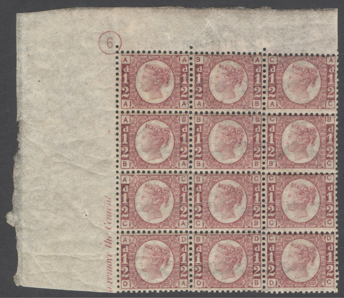 SG 48 ½d rose-red plate 6 corner marginal control block of 12. Unmounted mint