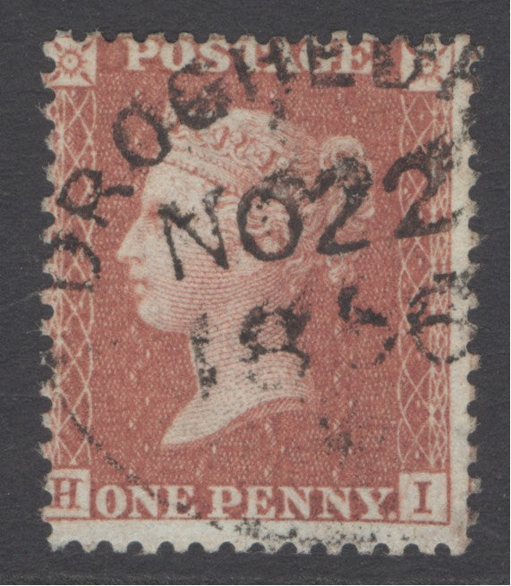 SG 29 1d red-brown plate 37 lettered HI. Very fine used with a Drogheda, Nov 22nd 1856 dated cancel