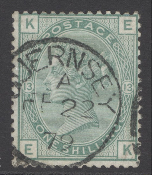 SG 150 1/- green plate 13. Very fine used lettered FK, neatly cancelled by a Guernsey CDS, Feb 22nd 1879