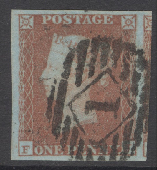 SG 8 1d red-brown plate 44 lettered PL. Very fine used with a full Maltese cross. 4 huge margins