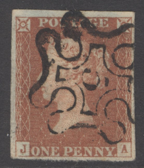 SG 8m 1d red-brown lettered JA. Very fine used with a number ‘5’ in Maltese cross. 4 margins CAT £180