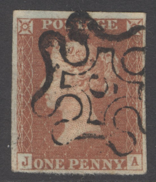 SG 8m 1d red-brown lettered JA. Very fine used with a number ‘5’ in Maltese cross. 4 margins CAT £180