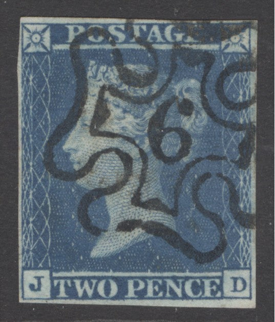 SG 14f 1841 2d blue plate 3 lettered JD. Very fine used with a crisply struck number ‘6’ in Maltese cross. 4 margins CAT £650
