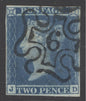 SG 14f 1841 2d blue plate 3 lettered JD. Very fine used with a crisply struck number ‘6’ in Maltese cross. 4 margins CAT £650