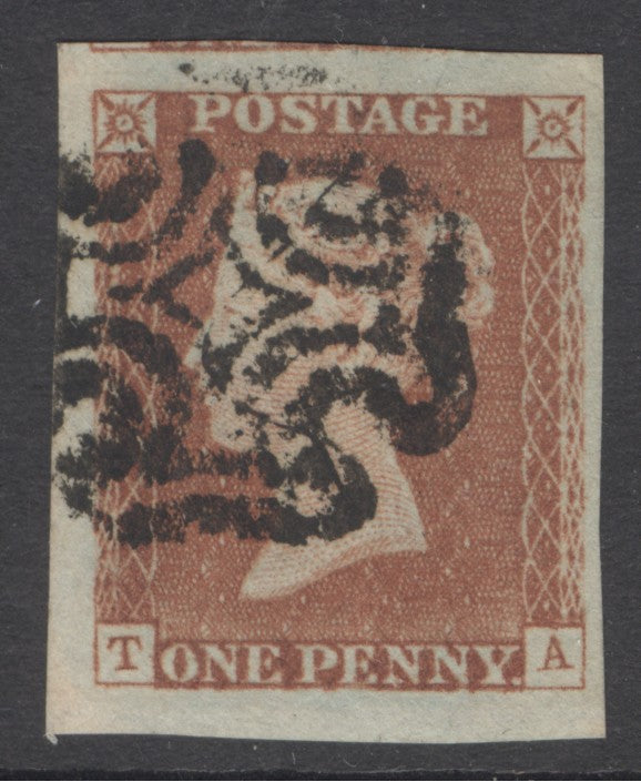SG 8 1d red-brown lettered TA, lower corner marginal example. Very fine used with an upright Maltese cross