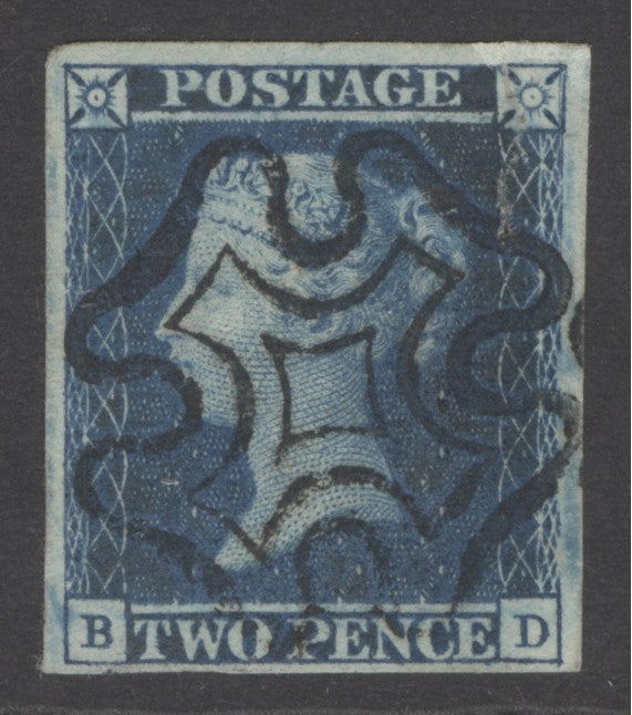 SG 14 1841 2d blue plate 3 lettered BD. Superb used with a full crisply struck Maltese cross. 4 fine to large margins