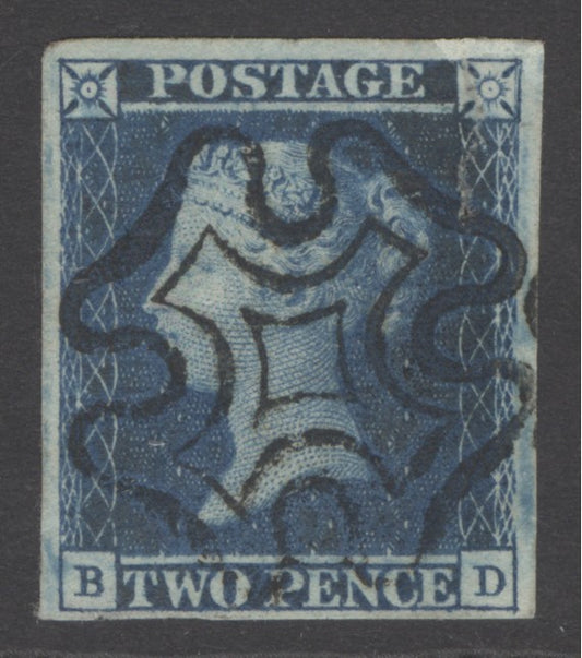 SG 14 1841 2d blue plate 3 lettered BD. Superb used with a full crisply struck Maltese cross. 4 fine to large margins