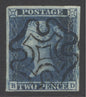 SG 14 1841 2d blue plate 3 lettered BD. Superb used with a full crisply struck Maltese cross. 4 fine to large margins